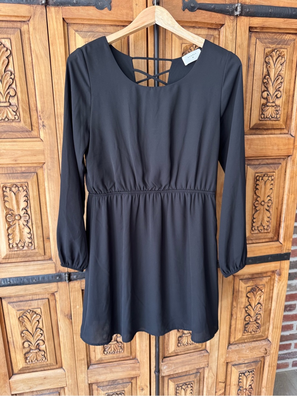Everly Black Long-Sleeve Mini Dress with Back Strap Detail